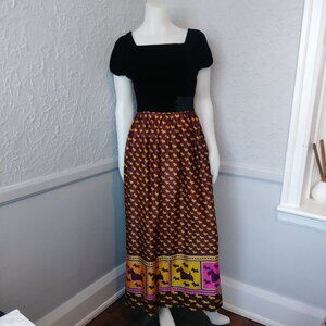 Vintage 60's 70's Maxi Dress by The House of Nu-Mode - black velvet top bodice